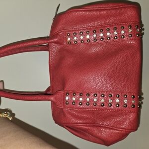 Red Studded Vegan Leather Handbag